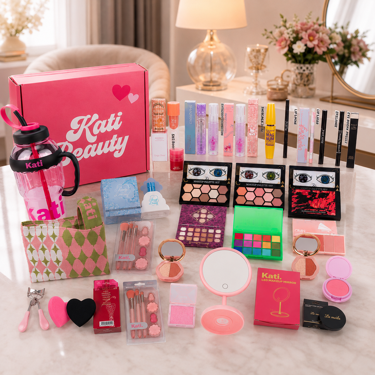 Set completo de maquillaje Kati Beauty con brochas, paletas y accesorios