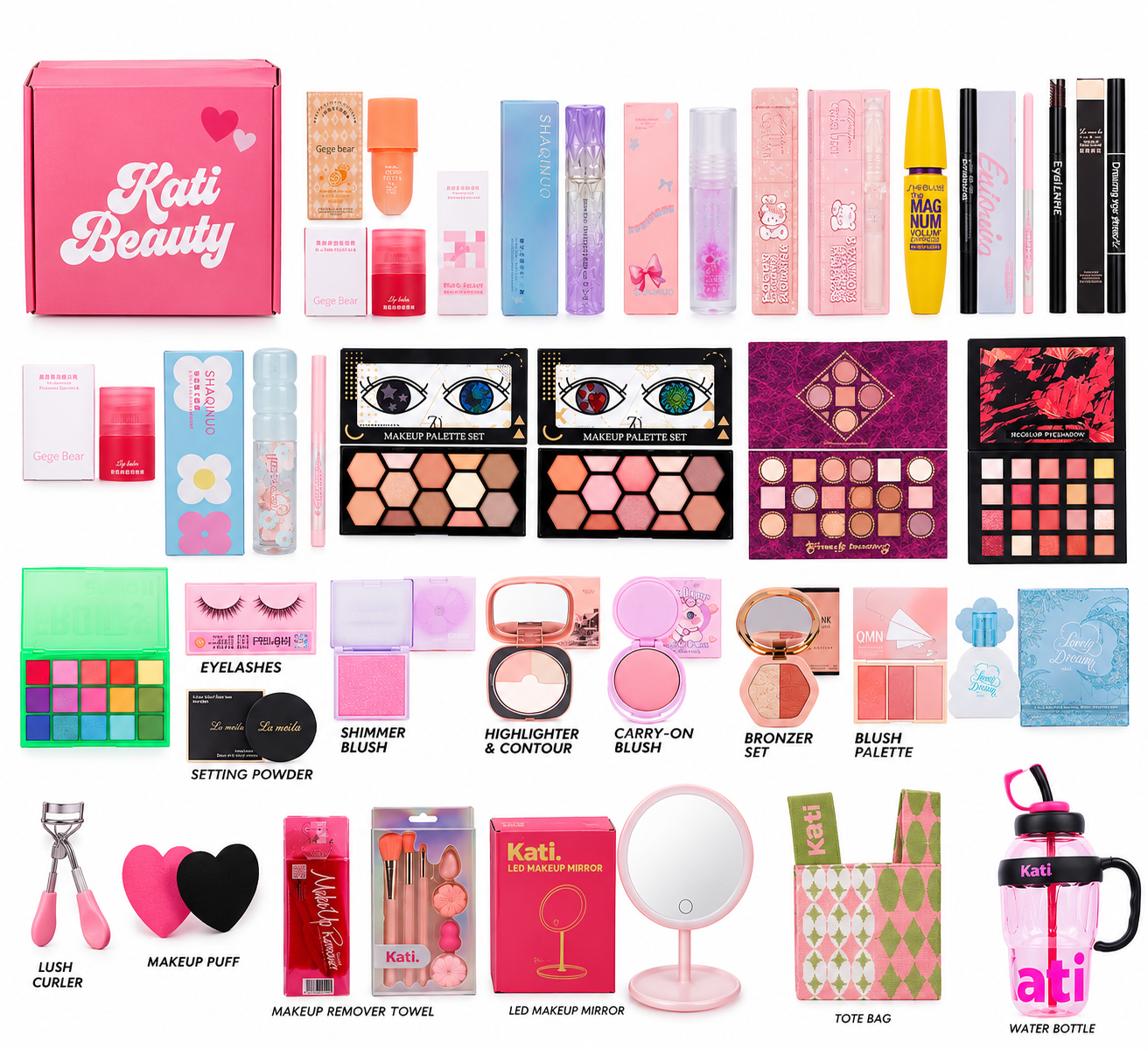 Las 30 piezas del kit acomodadas junto a la caja de regalo rosa