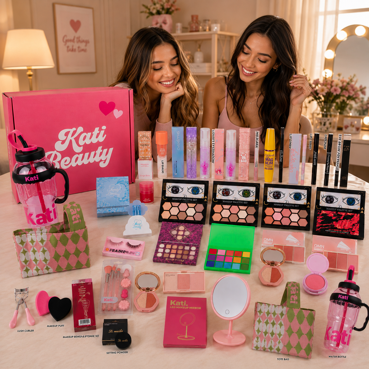Dos mujeres disfrutando el kit de belleza Kati Beauty con su caja rosa y los 30 productos sobre la mesa